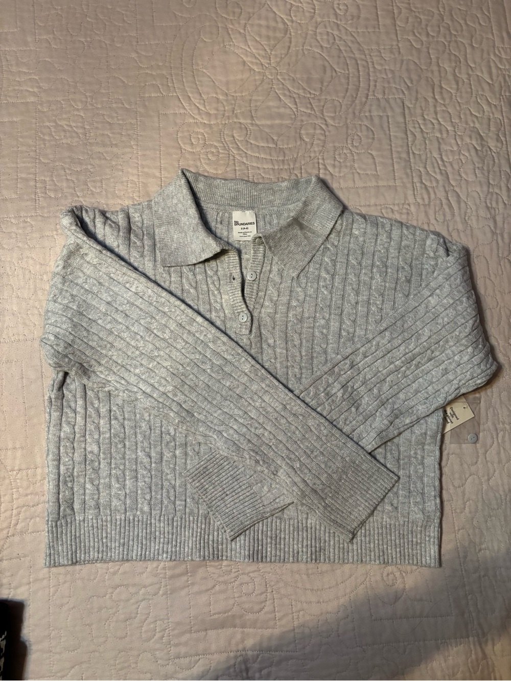 No Boundaries Heather Gray Cable-Knit Polo Crop Sweater